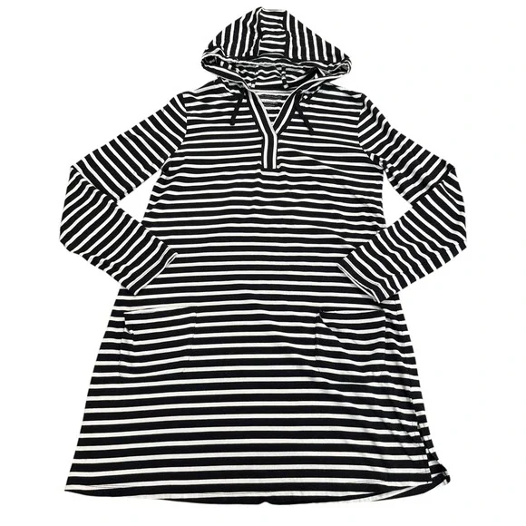 Coolibar Catalina Hoodie Cover-Up Dress Pockets Black White Stripe UPF 50 Size L - Picture 2 of 9